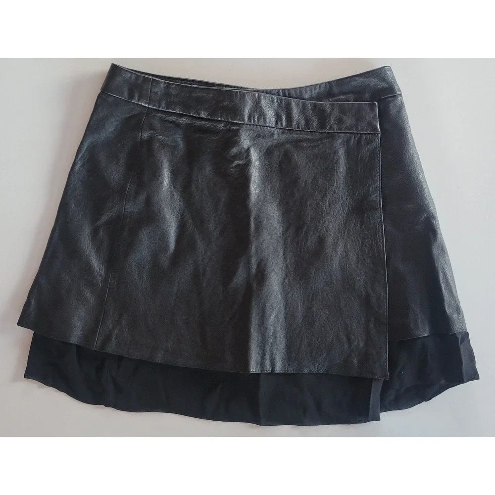 Joie Leather & Silk Snap Wrap Mini Skirt - Picture 1 of 8